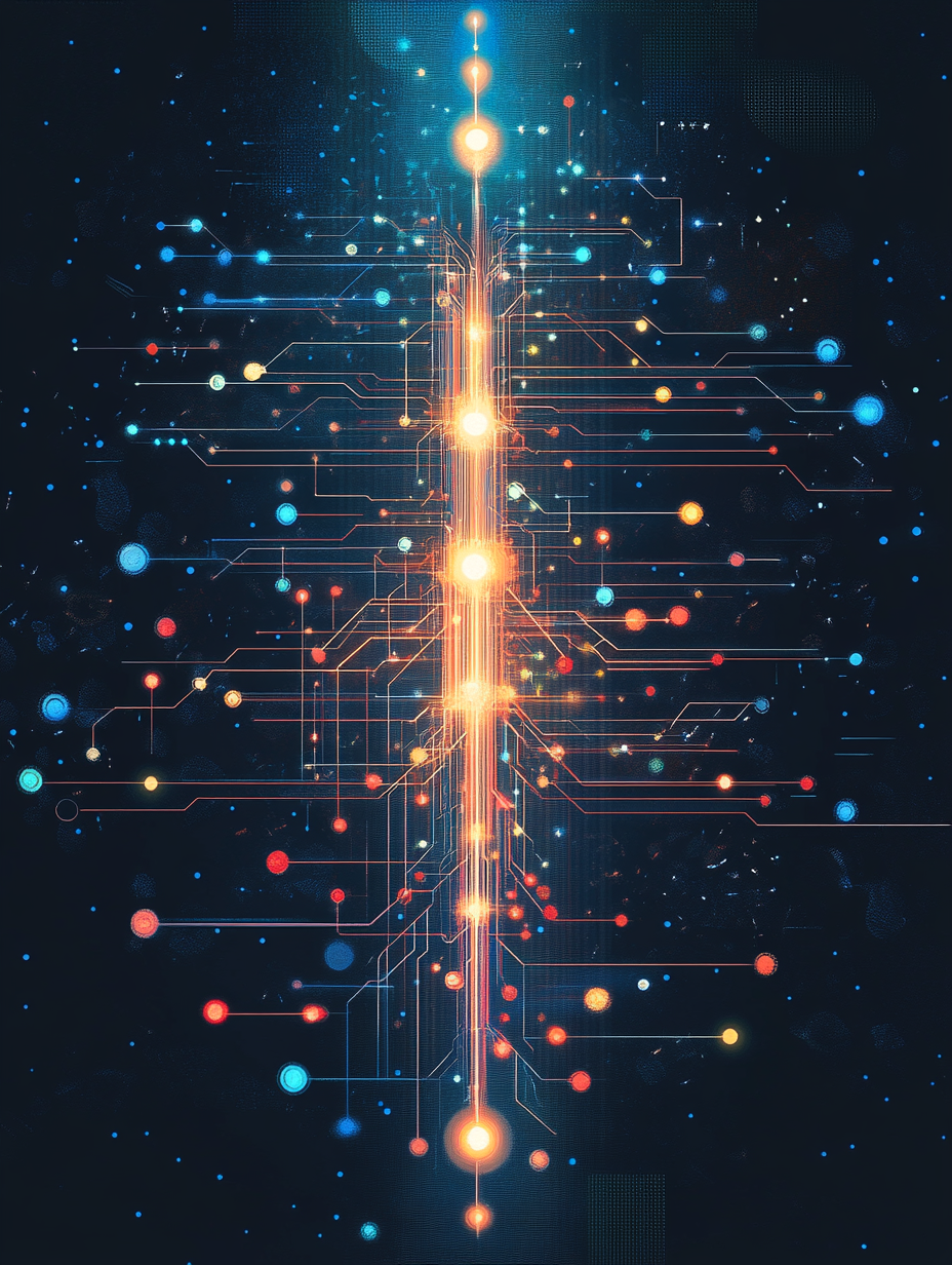 Graphic illustration of a glowing matrix data stream hierarchy with circuit pathways